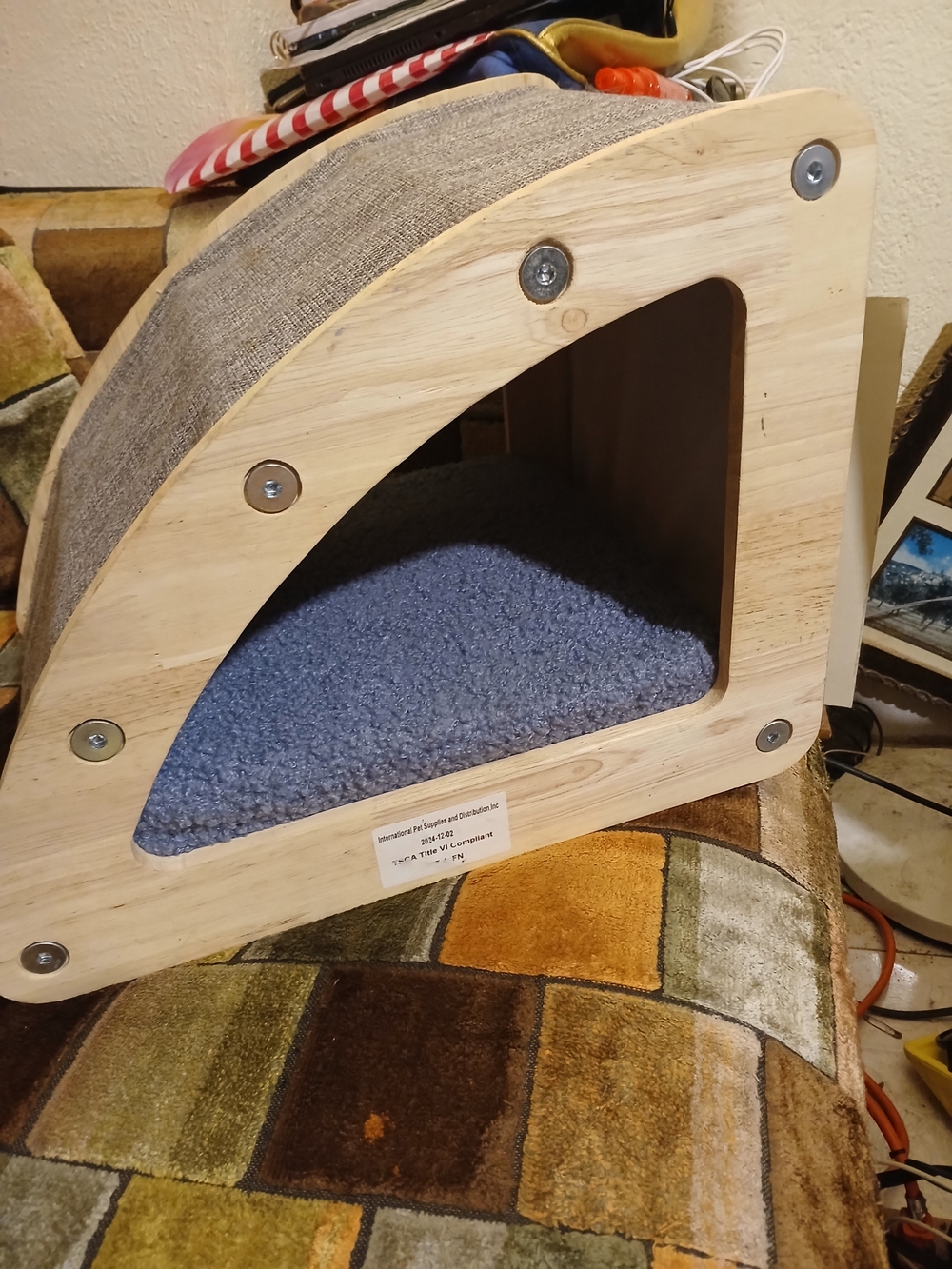 Wooden Cat Condo with Blue Cushion